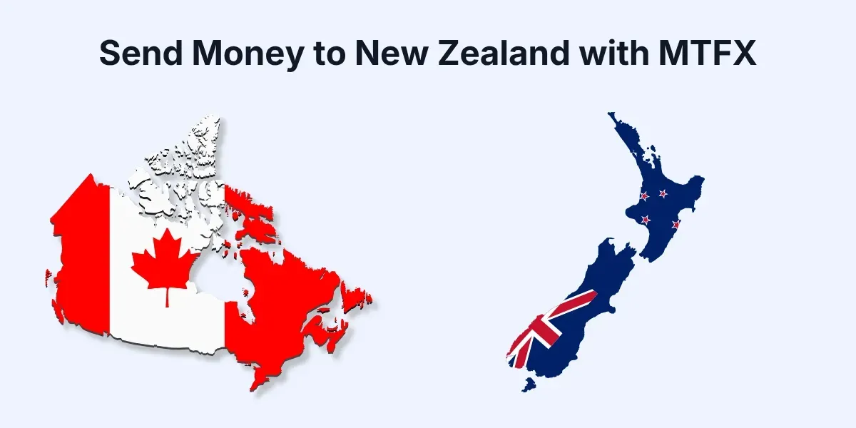 Canada and New Zealand map graphics representing international money transfers from Canada to New Zealand.
