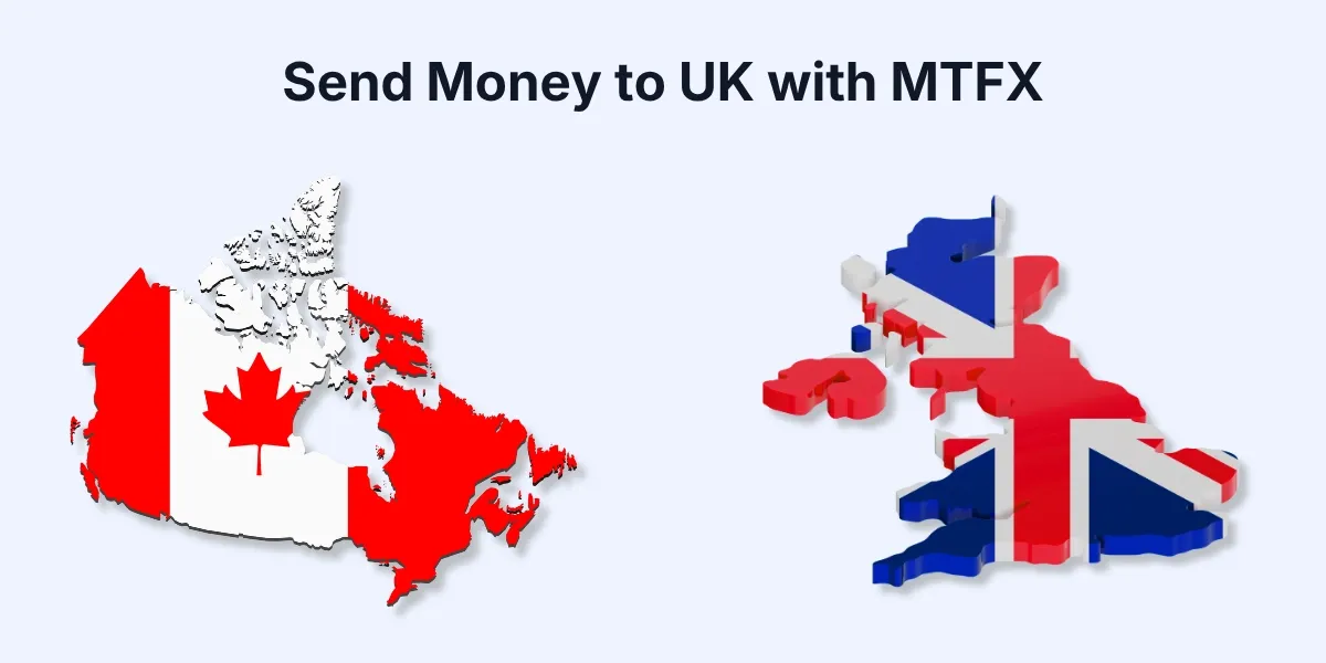 Graphic of Canada and United Kingdom maps featuring flag designs representing MTFX money transfers from Canada to the UK.