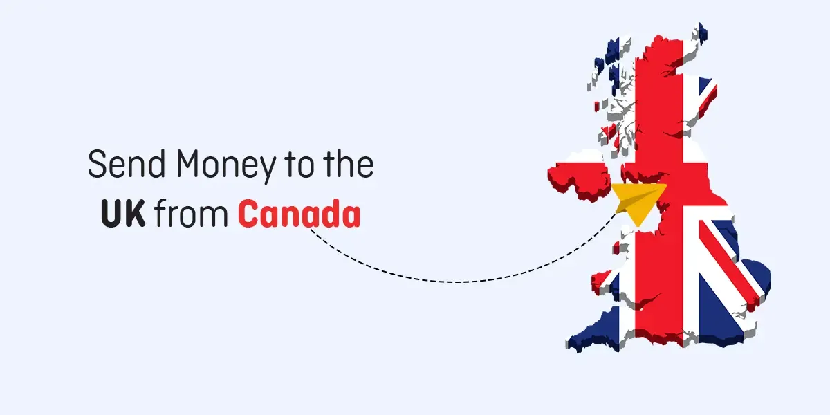 Illustration of the UK map with a paper plane flying from the word 'Canada' to 'UK' in the text, visually representing MTFX’s seamless international money transfer services that offer Canadians fast, low-cost, and secure ways to send funds to the United Kingdom.