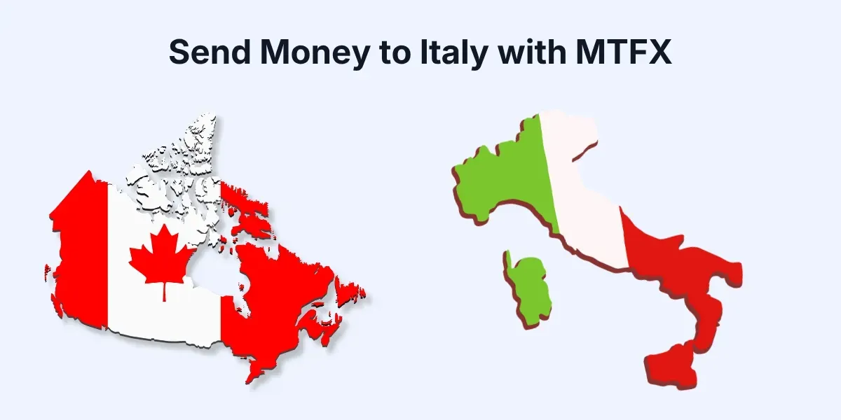 Canada and Italy maps with national flag colors representing money transfers from Canada to Italy.