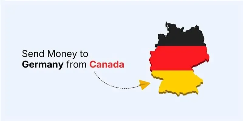 Map of Germany in flag colours with the text “Send Money to Germany from Canada,” highlighting CAD to EUR exchange rate transfers through MTFX.