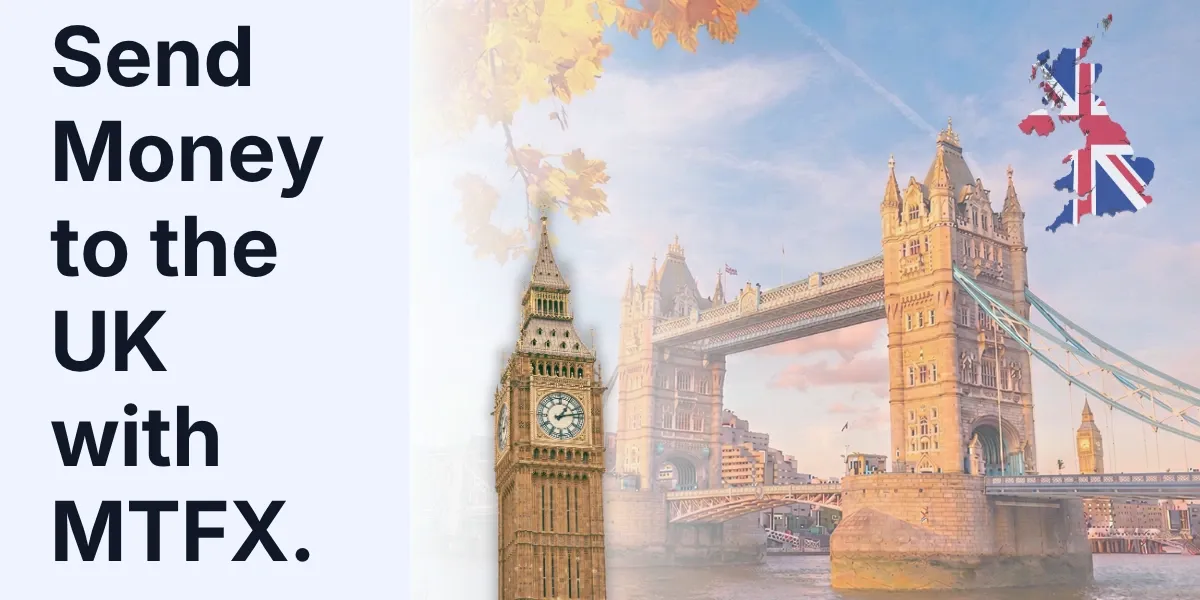 Banner showing London landmarks including Big Ben and Tower Bridge with text promoting secure money transfers to the UK with MTFX from Canada.