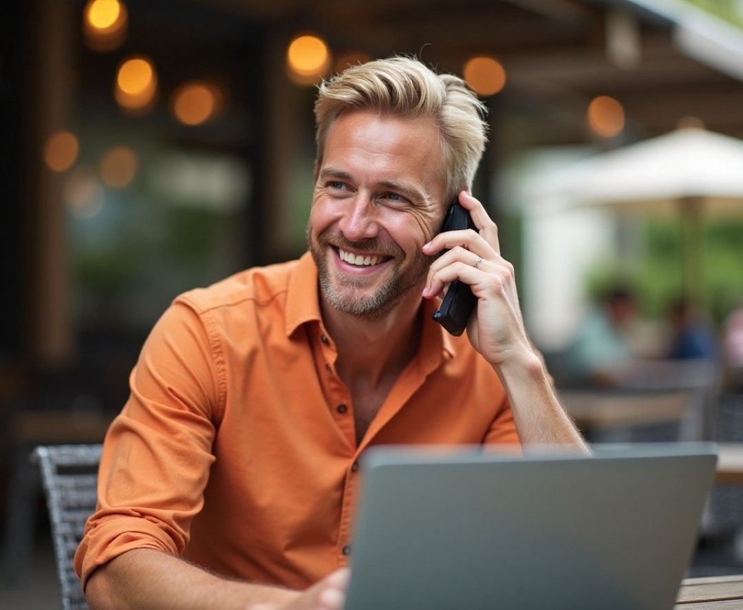 Smiling man using MTFX to send money to Australia online with ease.