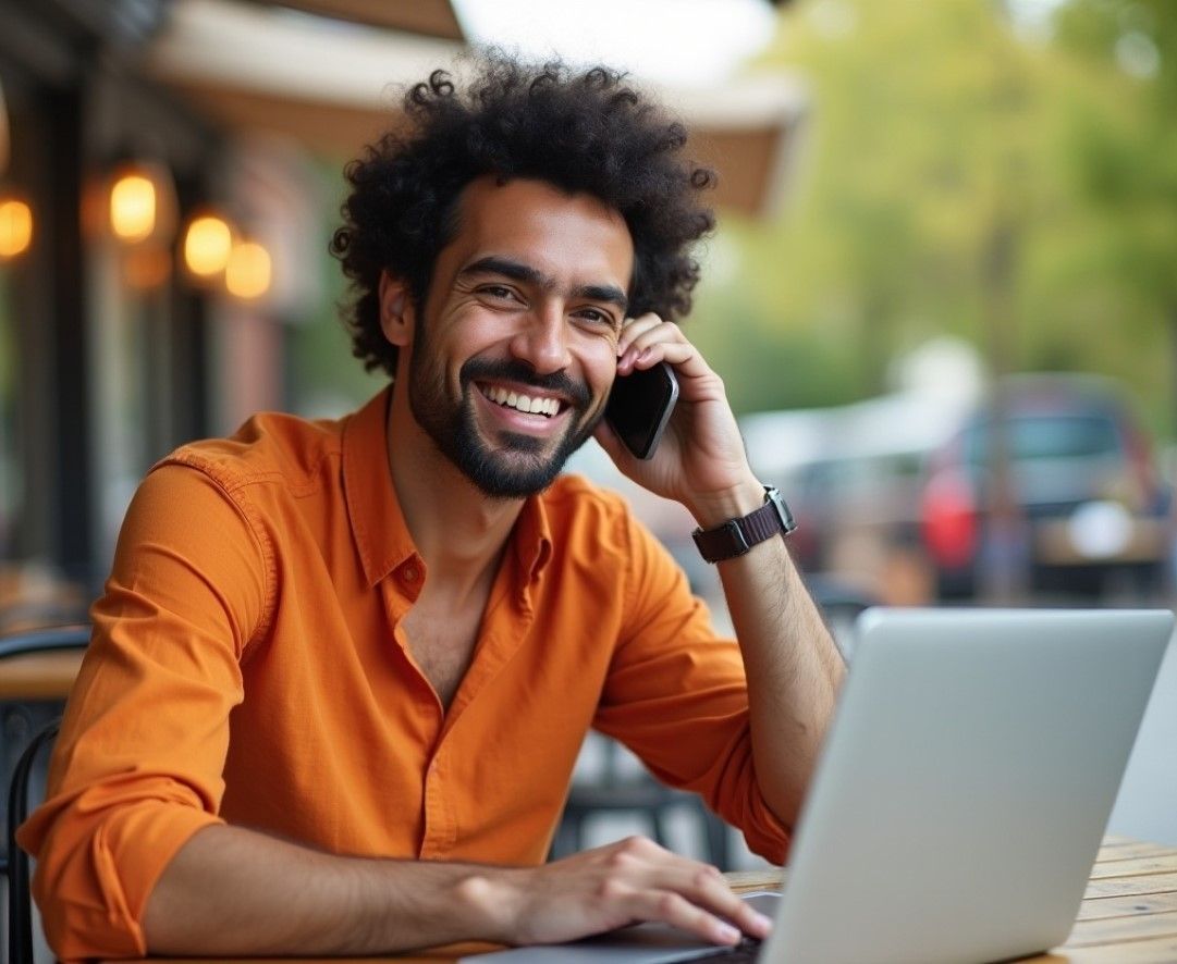 Smiling man using laptop and phone to send money to France online from Canada