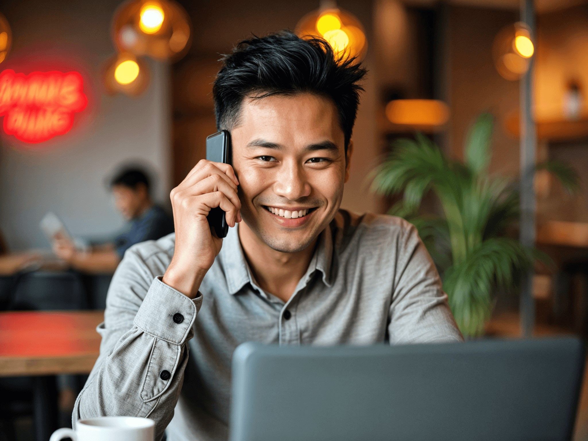 Smiling man using phone and laptop to send money to Hong Kong quickly and securely