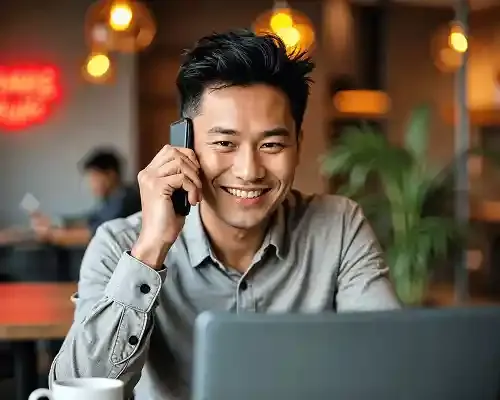 Smiling man using phone and laptop to send money to Hong Kong quickly and securely