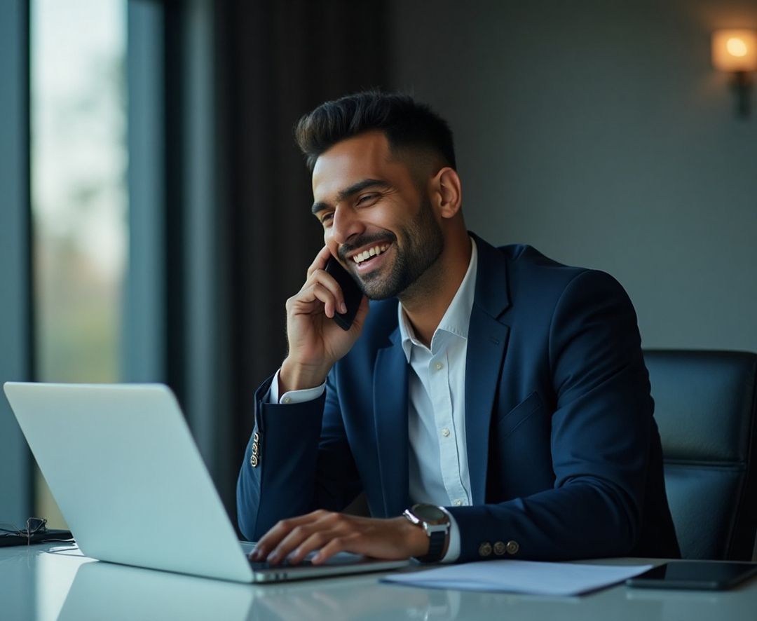 Confident man in a suit using phone and laptop to send money to India securely online