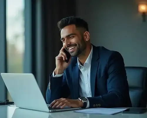 Confident man in a suit using phone and laptop to send money to India securely online