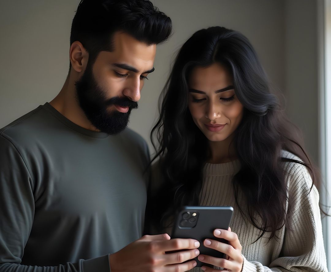 Couple using MTFX on a smartphone to send money to South Africa securely and easily.