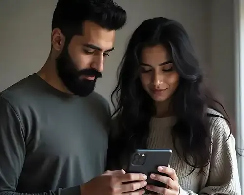 Couple using MTFX on a smartphone to send money to South Africa securely and easily.