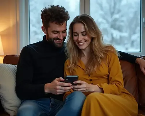 Happy couple using MTFX on a smartphone to send money to Spain from Canada.