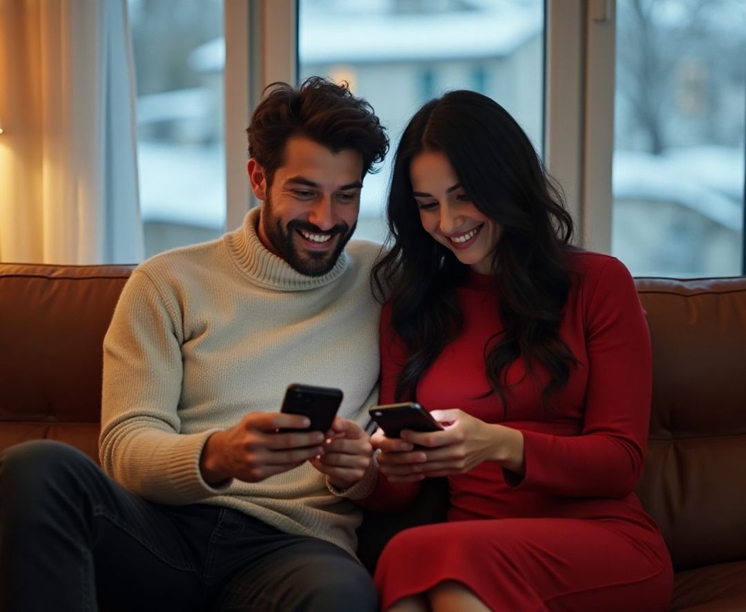 Smiling couple using smartphones to send money to Switzerland securely from home