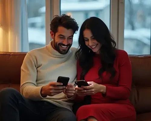 Smiling couple using smartphones to send money to Switzerland securely from home