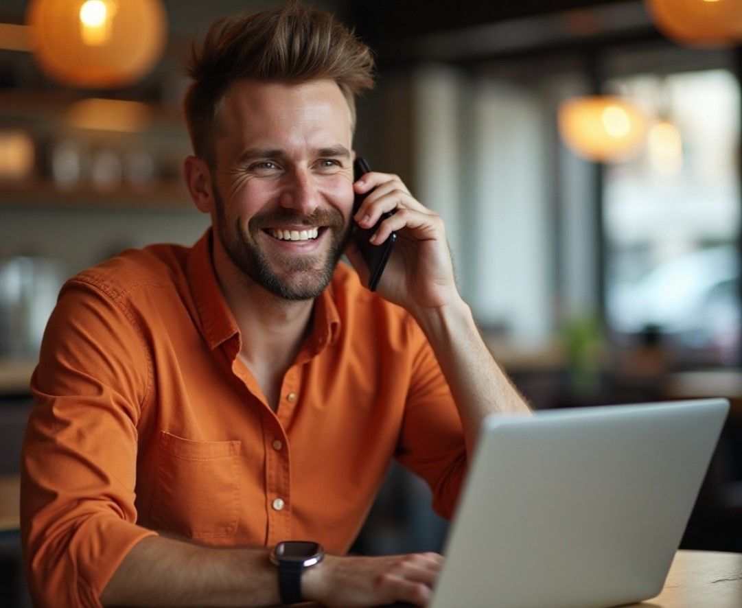 Happy man in an orange shirt using phone and laptop to send money to the UK online