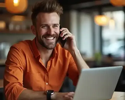 Happy man in an orange shirt using phone and laptop to send money to the UK online