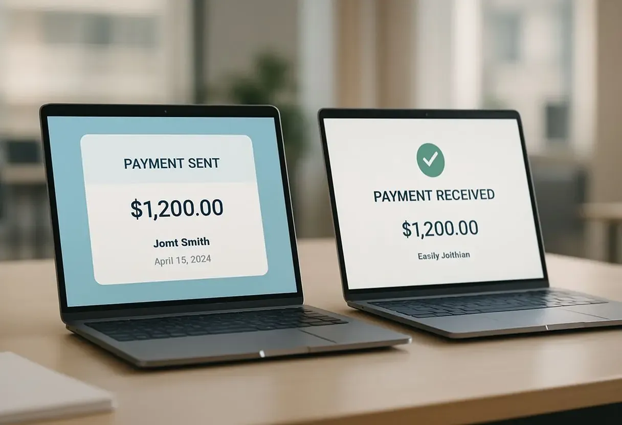 Two laptops displaying a successful international money transfer—“Payment Sent” and “Payment Received”—highlighting real-time FX transactions and seamless cross-border currency exchange.