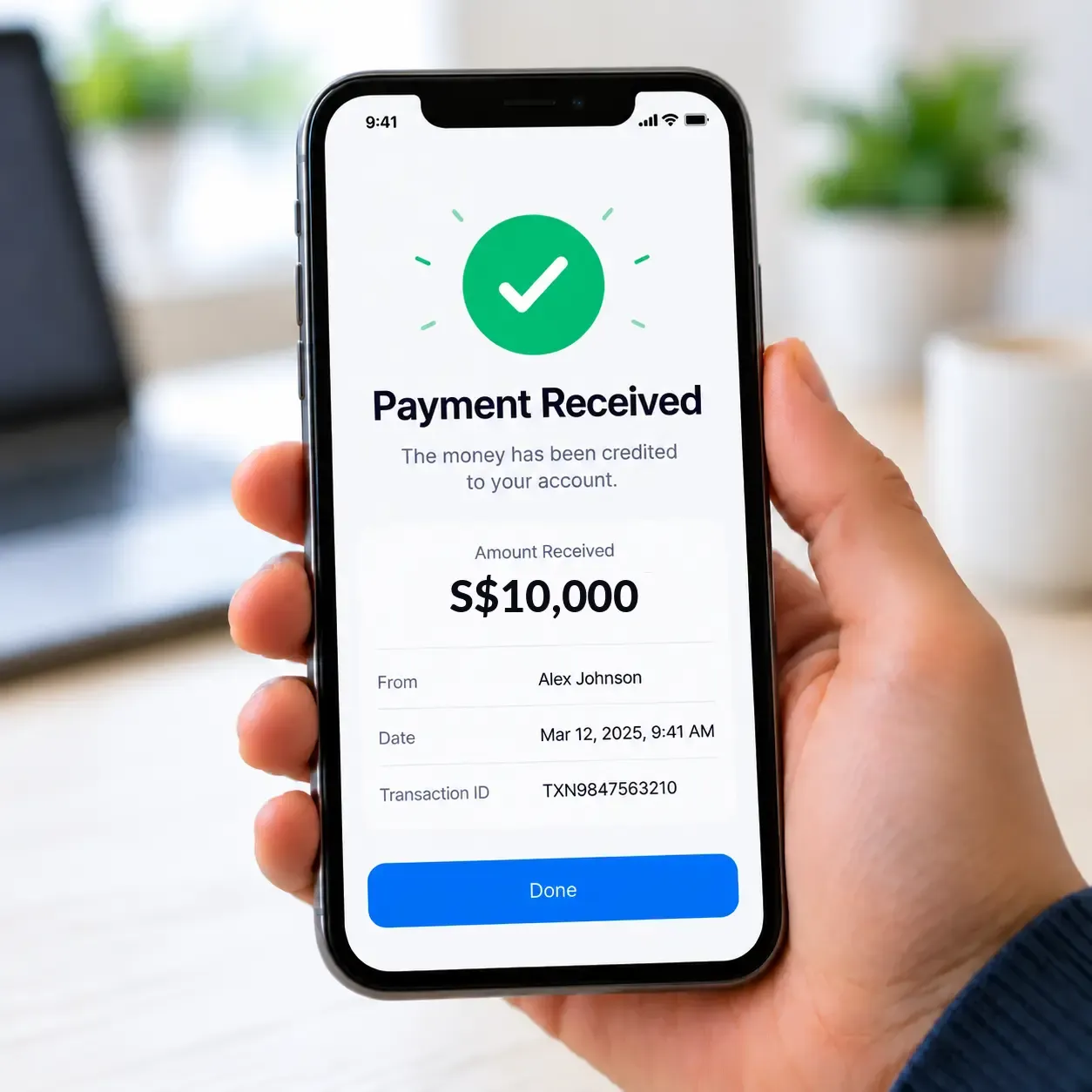 Smartphone displaying a payment confirmation for SGD10,000, showing a successful international money transfer.