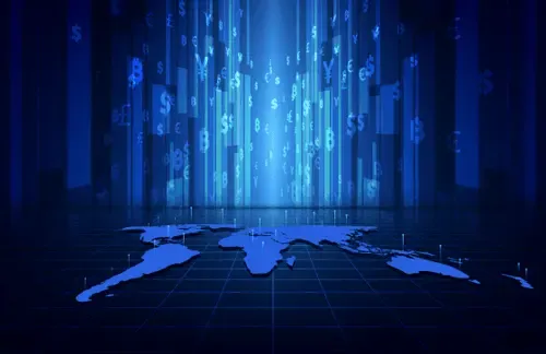 Digital world map with glowing currency symbols (USD, EUR, GBP, etc.) cascading downward, representing global financial planning and strategy in a post-COVID business environment.