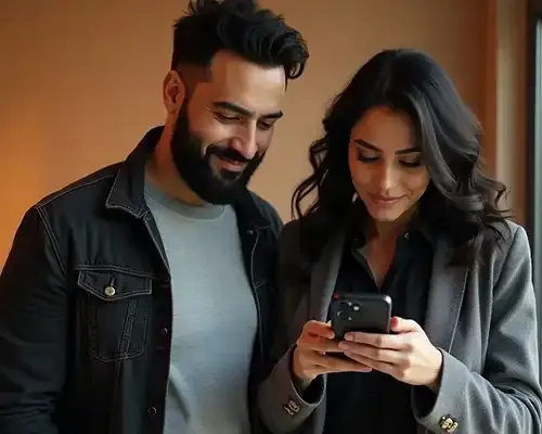 Happy couple using a smartphone together, representing the convenience of using MTFX to send money to Turkey from Canada securely and easily.