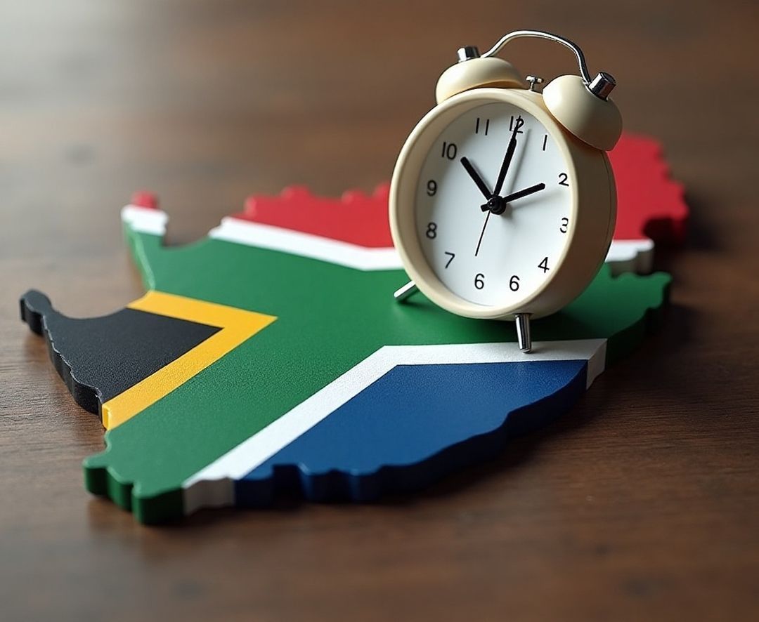 South Africa map with a clock highlighting fast and reliable ways to send money to South Africa.