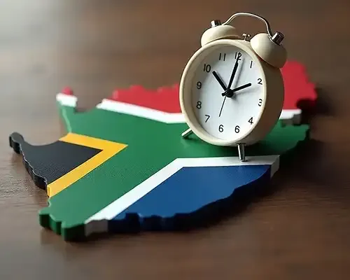 South Africa map with a clock highlighting fast and reliable ways to send money to South Africa.