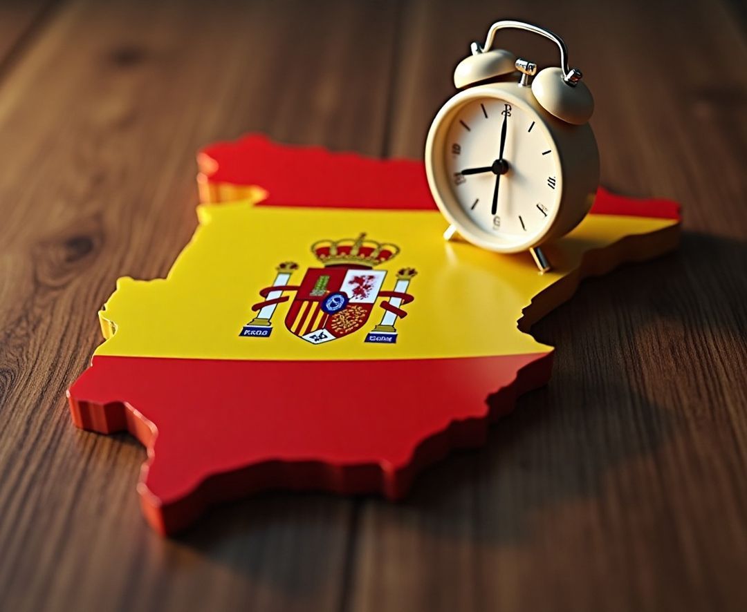 Spain map with clock symbolizing fast and affordable ways to send money to Spain.