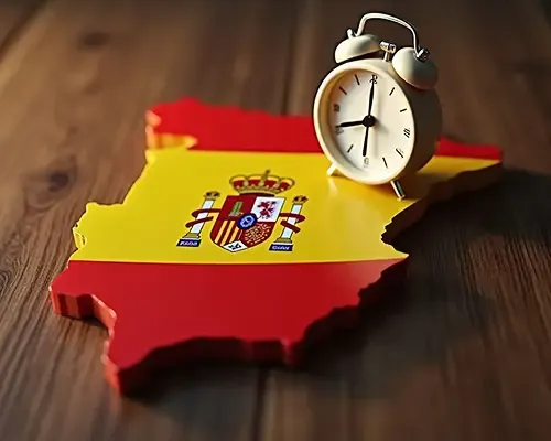 Spain map with clock symbolizing fast and affordable ways to send money to Spain.