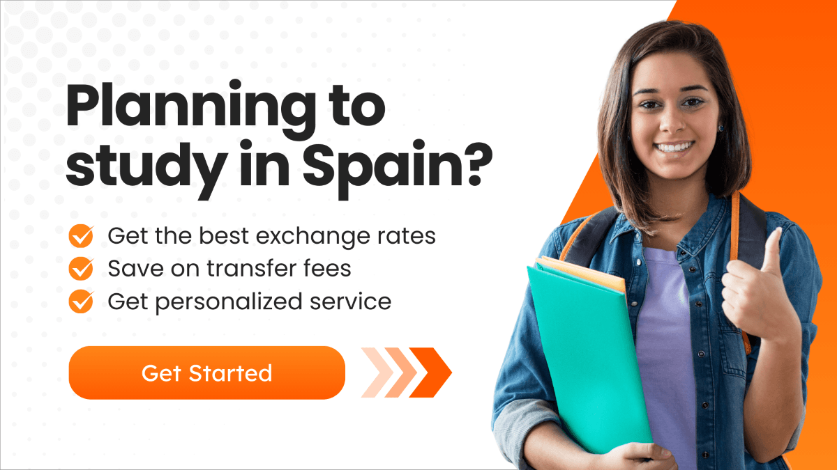 A smiling student holding books with the banner text: 'Planning to study in Spain? Get the best exchange rates, save on transfer fees, and get personalized service.