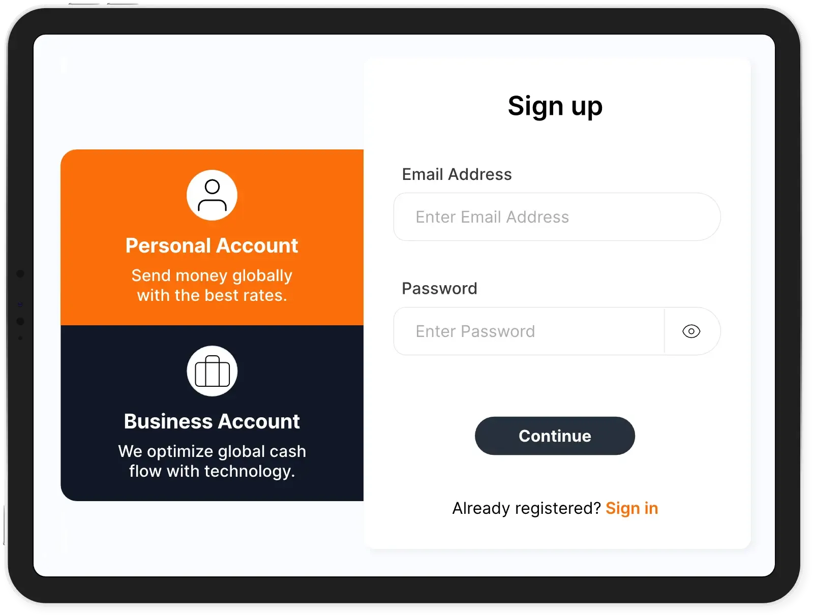 Tablet screen displaying MTFX sign-up page with personal account option highlighted for sending money globally at the best exchange rates.