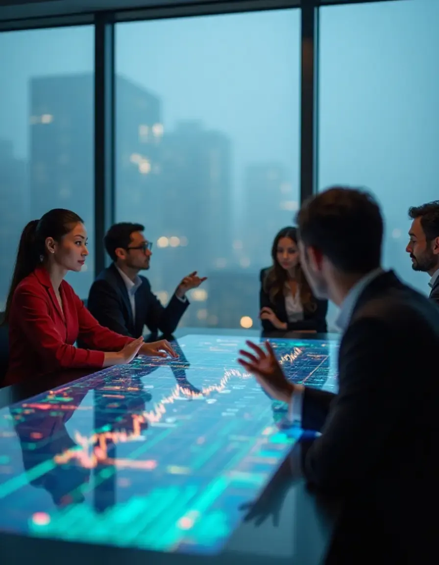 Team of professionals in a conference room discussing data displayed on an interactive digital table
