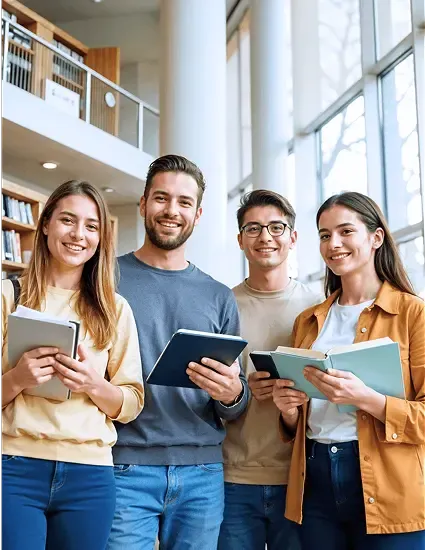 Group of international university students standing in a library, smiling and holding books and tablets.