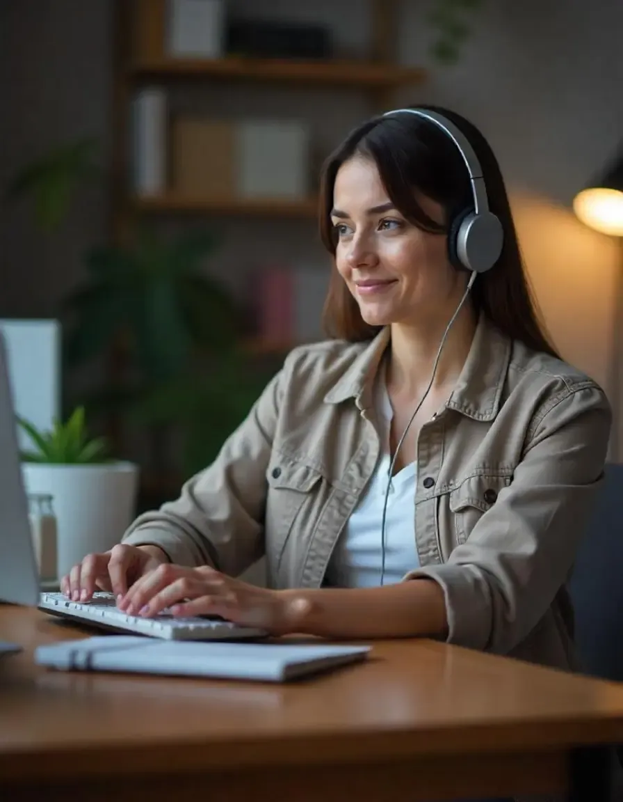 Young woman wearing headphones, smiling and typing on a keyboard while working remotely in a cozy, well-lit home office