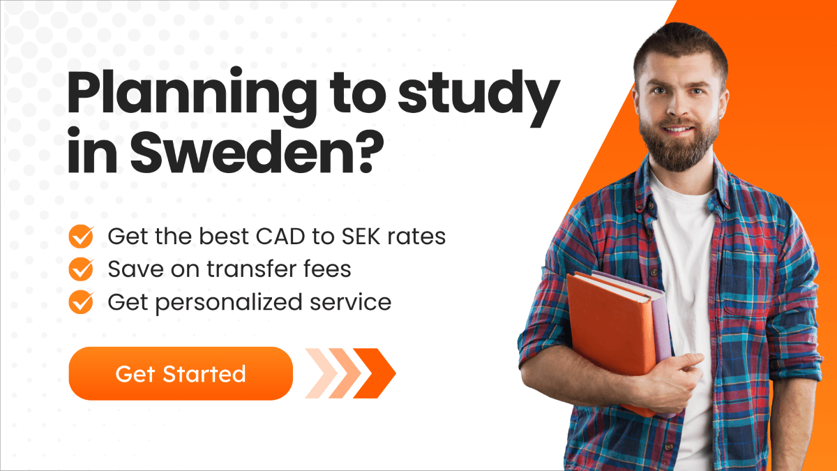 Smiling student holding books with text promoting MTFX for studying in Sweden, featuring best exchange rates, low fees, and personalized service.