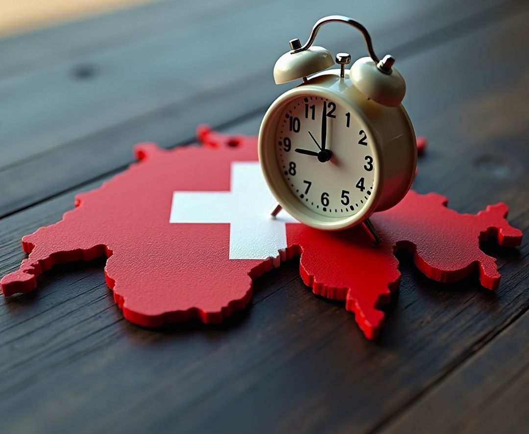 Clock on Switzerland map with Swiss flag design indicating fast money transfers to Switzerland