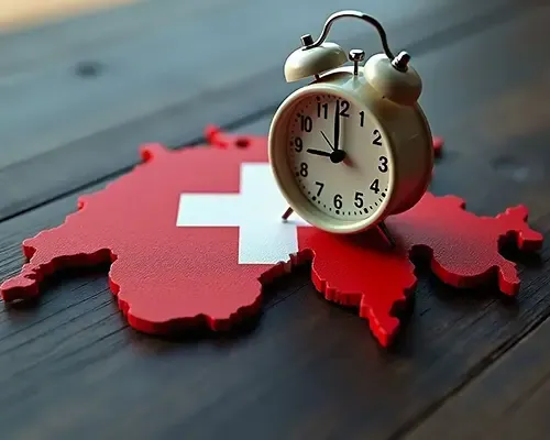 Clock on Switzerland map with Swiss flag design indicating fast money transfers to Switzerland