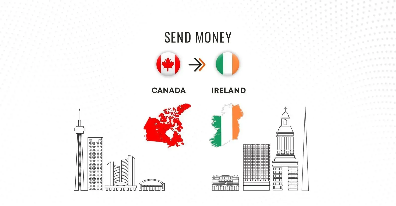 Illustration showing money transfer from Canada to Ireland with country maps, flags, and city skyline icons.
