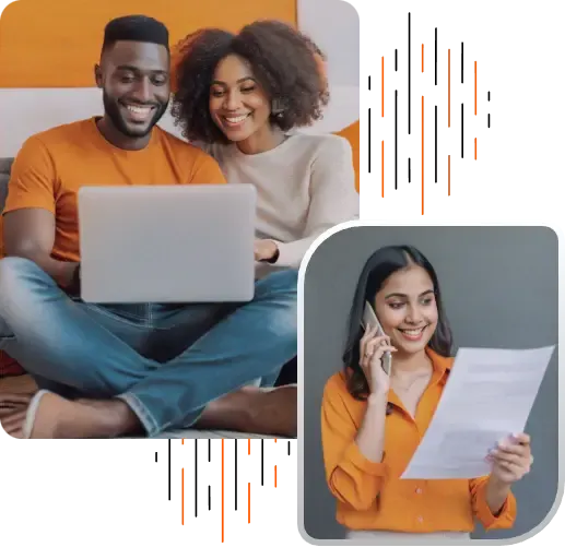 Smiling couple using a laptop and a woman reviewing a document on a phone call, representing regular international money transfers for bills, pensions, or expenses