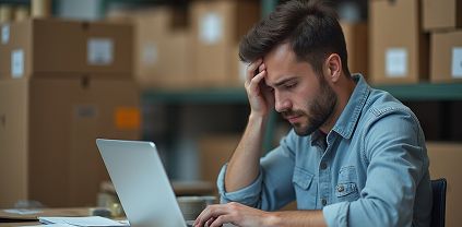 Worried business owner in a warehouse reviewing supplier payment issues on a laptop, stressed about high FX rates, hidden fees, and cross-border currency transfer delays.