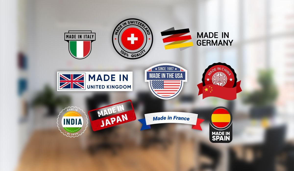 Collection of ‘Made In’ labels from various countries including Italy, Switzerland, Germany, UK, USA, China, India, Japan, France, and Spain, representing global sourcing and international trade.
