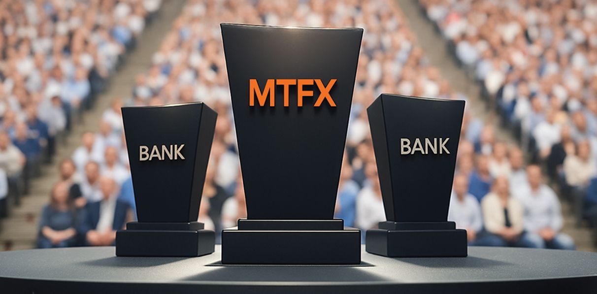 Stylized podium showing MTFX in the top center position ahead of two lower-ranked banks, with a blurred crowd in the background suggesting popularity and trust.