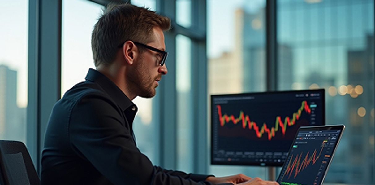 A professional man analyzing financial charts on a laptop in a modern office, with trading graphs displayed on his screen and an additional monitor.