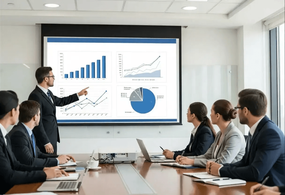 Professionals reviewing financial charts and performance graphs during a business presentation in a conference room.