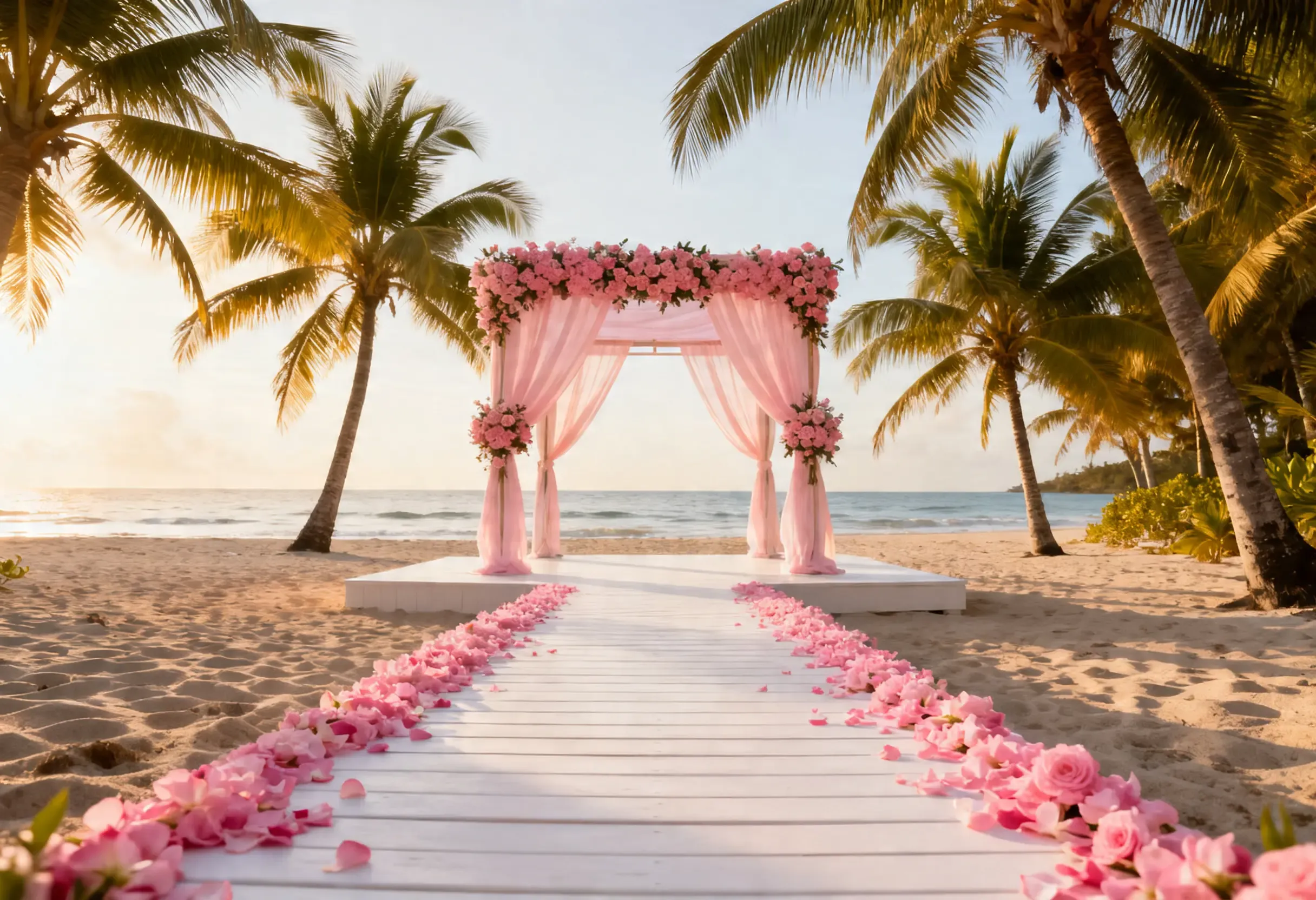 A pink floral wedding arch and petal-lined aisle on a tropical beach at sunset.