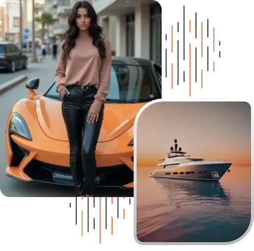 Woman standing in front of an orange sports car and a luxury yacht at sunset, symbolizing a luxury lifestyle supported by large international money transfers