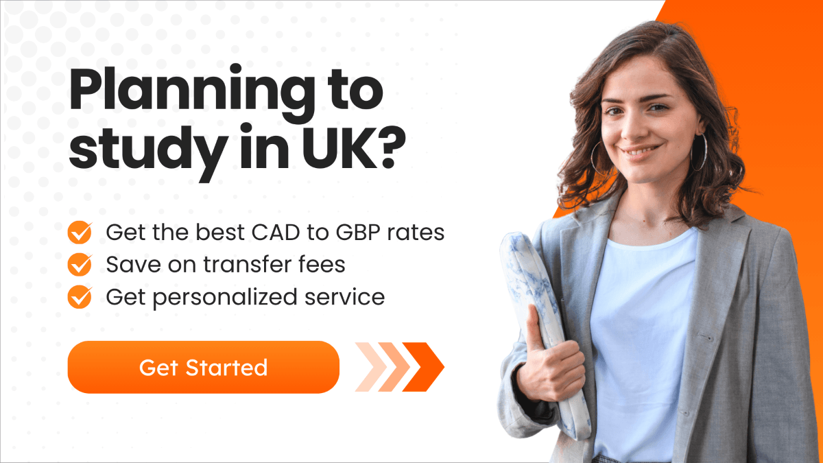 A vibrant CTA banner featuring a confident student holding a notebook, with the text "Planning to study in UK?" highlighting benefits like the best CAD to GBP rates, savings on transfer fees, and personalized services.