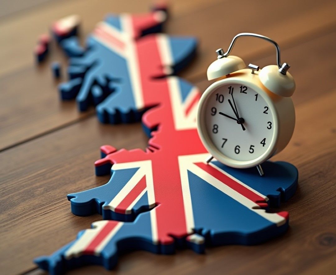 Clock placed on UK map with Union Jack design symbolizing timely money transfers to the UK
