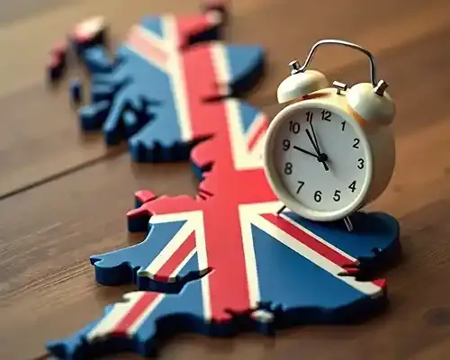 Clock placed on UK map with Union Jack design symbolizing timely money transfers to the UK