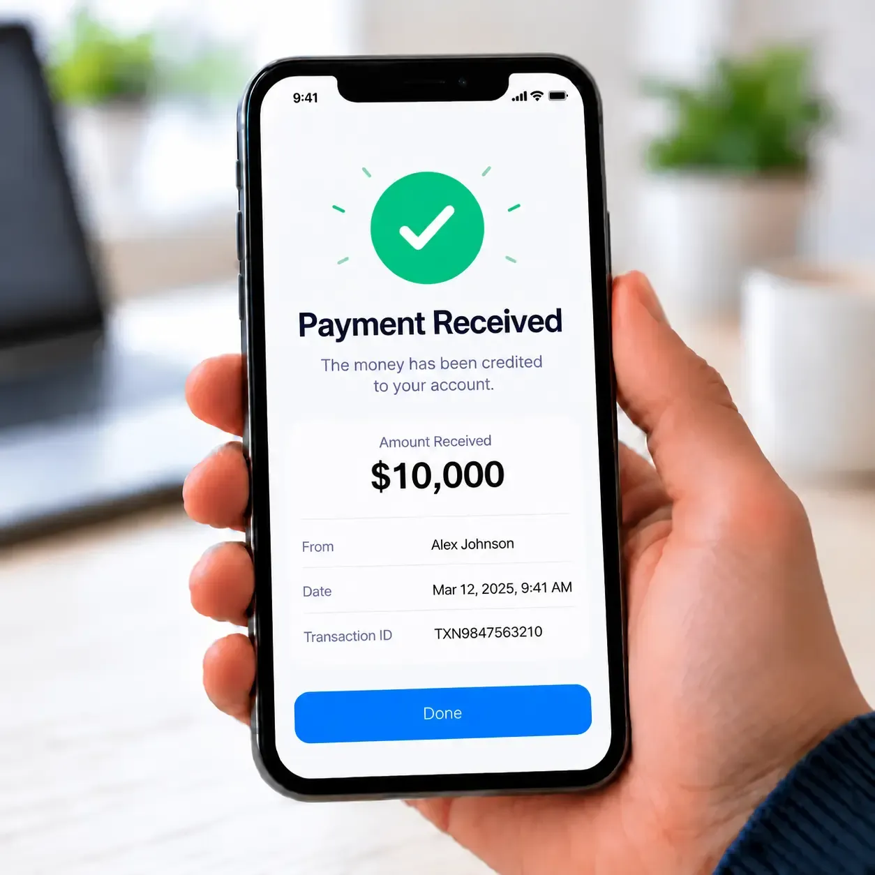 Smartphone displaying a successful USD 10,000 payment received confirmation with transaction details.