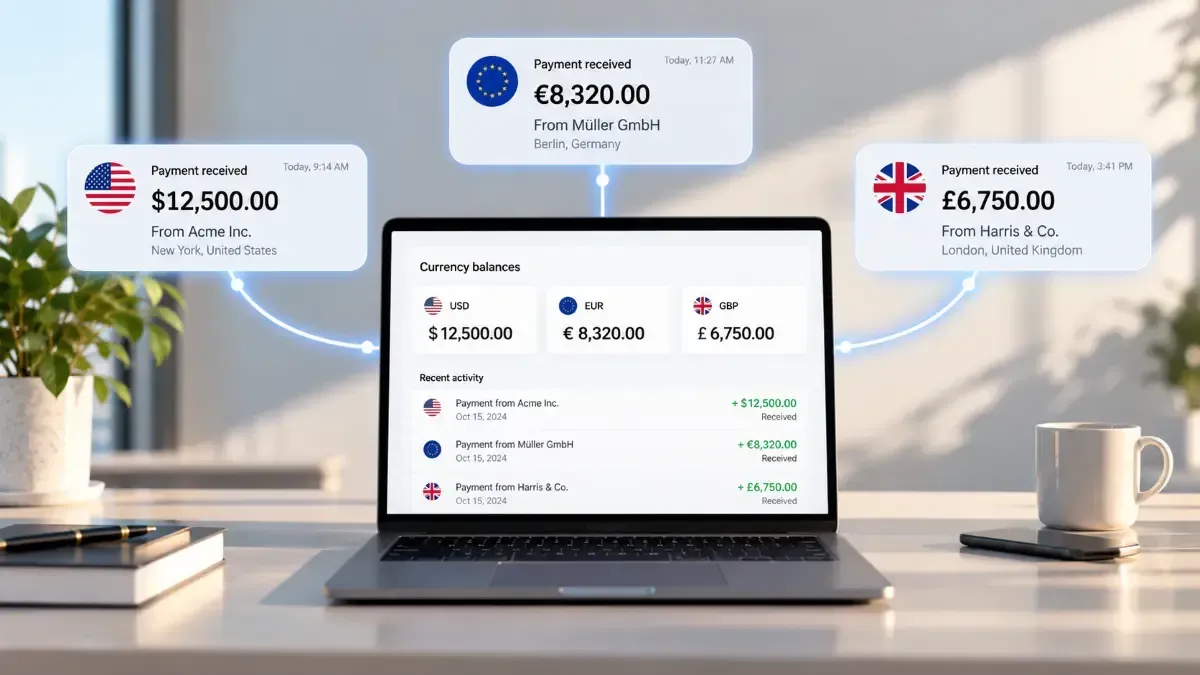 Laptop showing USD, EUR and GBP payments received through virtual receiving accounts.