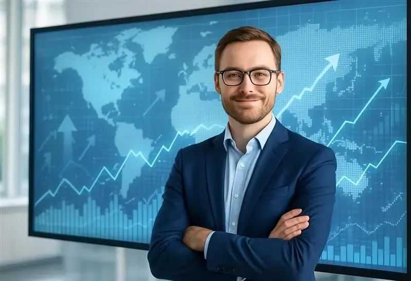 Confident businessman standing in front of a digital world map with rising financial charts, reflecting MTFX’s role in empowering global businesses with strategic FX solutions that drive growth, improve currency risk management, and unlock cross-border opportunities.
